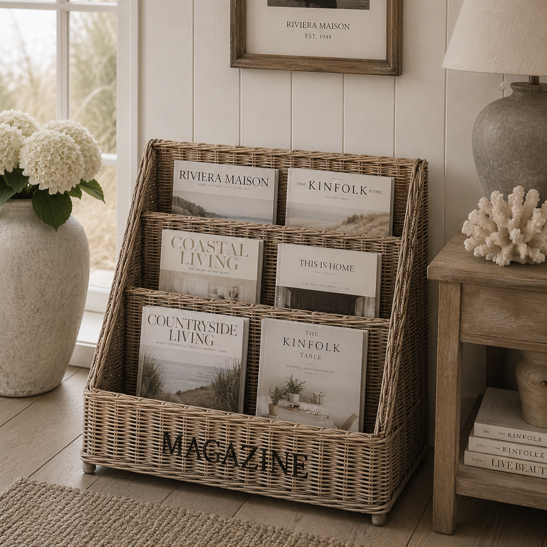 Handgefertigter Rattan Magazinhalter mit Zeitschriften im Coastal- und Hampton-Style in hellem Strandhaus-Wohnzimmer.