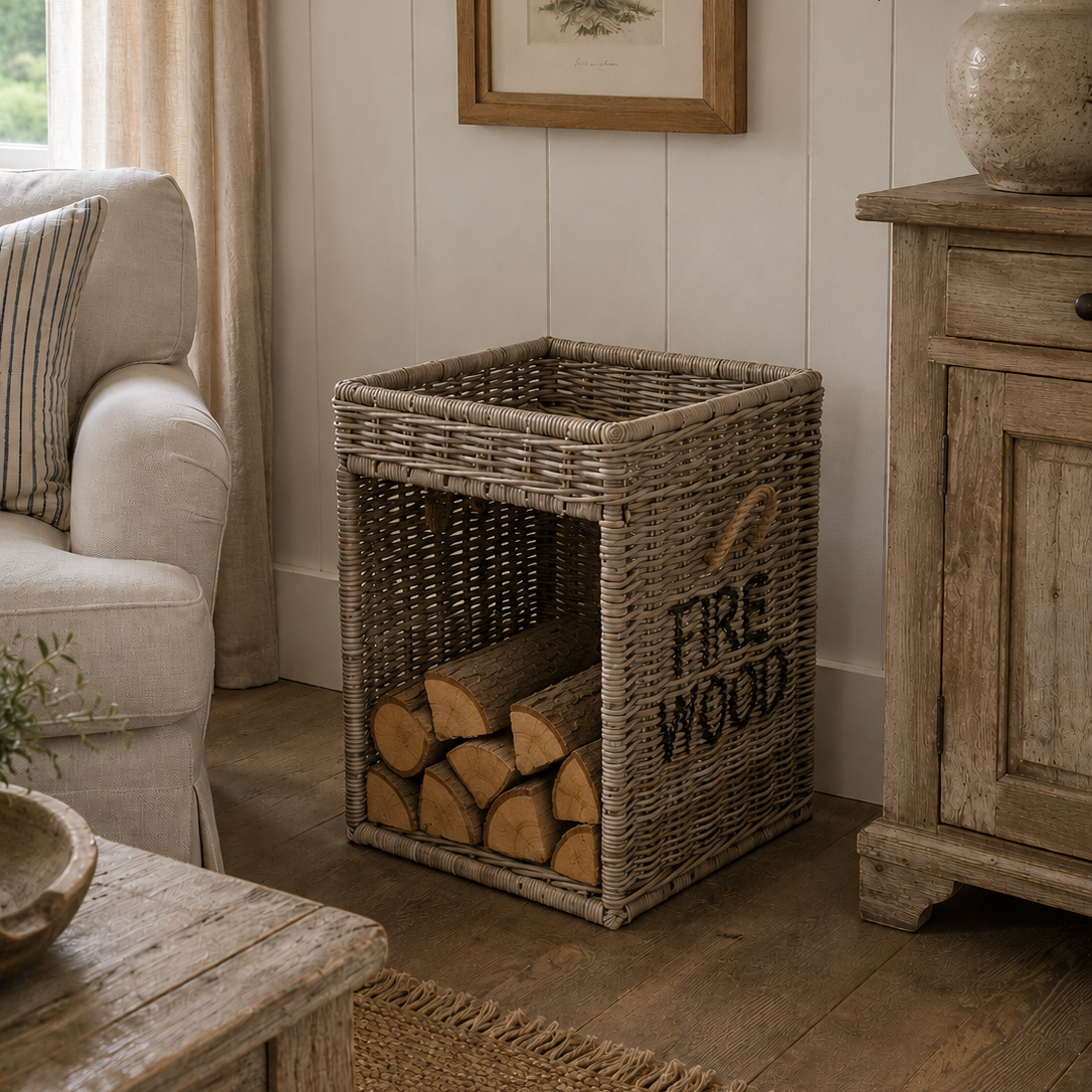 Handgefertigter Rattan-Feuerholzkorb mit „Fire Wood“-Aufschrift im rustikalen Landhausstil, offen geflochten in Naturfarben, ideal zur Aufbewahrung von Holzscheiten neben dem Kamin.