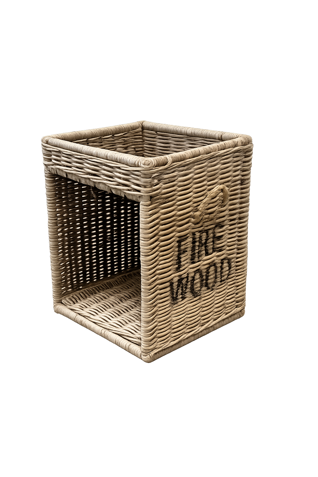 Handgefertigter Rattan-Feuerholzkorb mit „Fire Wood“-Aufschrift im rustikalen Landhausstil, offen geflochten in Naturfarben.