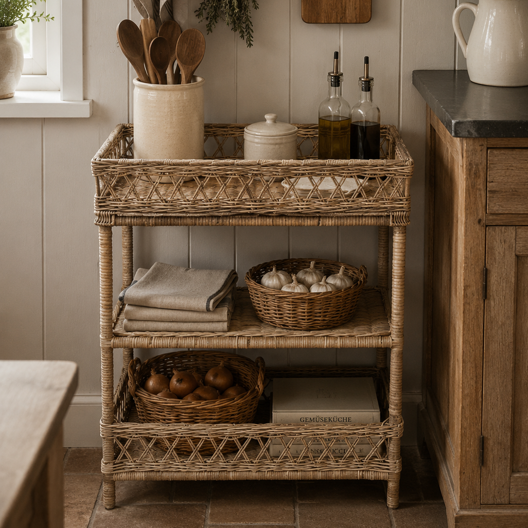 Handgefertigtes Rattan-Regal mit drei Ebenen in einer gemütlichen Landhausküche mit Keramik, Holzaccessoires und natürlichen Dekoelementen.