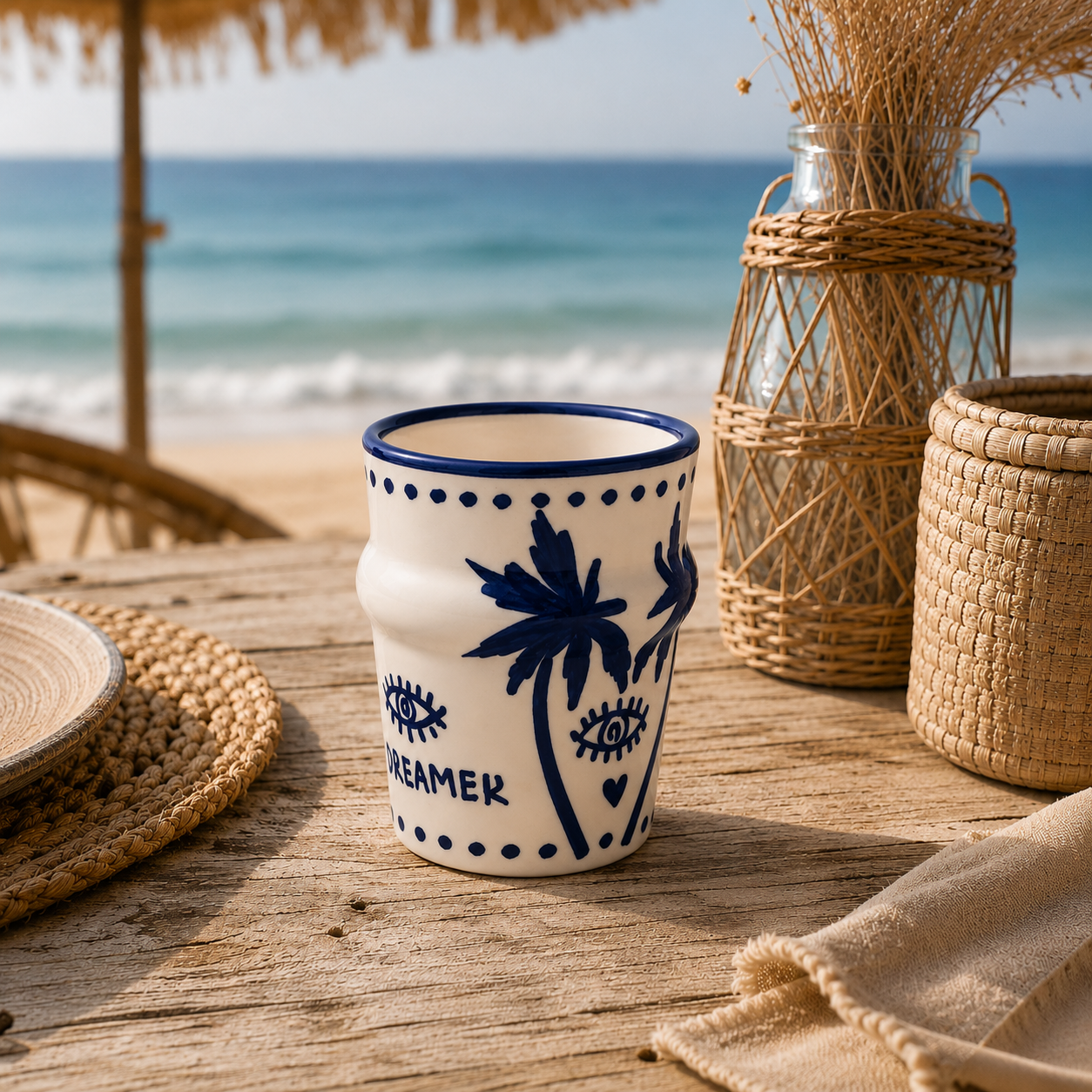 Weißer Cappuccinobecher mit blauem Palmenprint aus der DREAMER Collection von LUNA AZUL