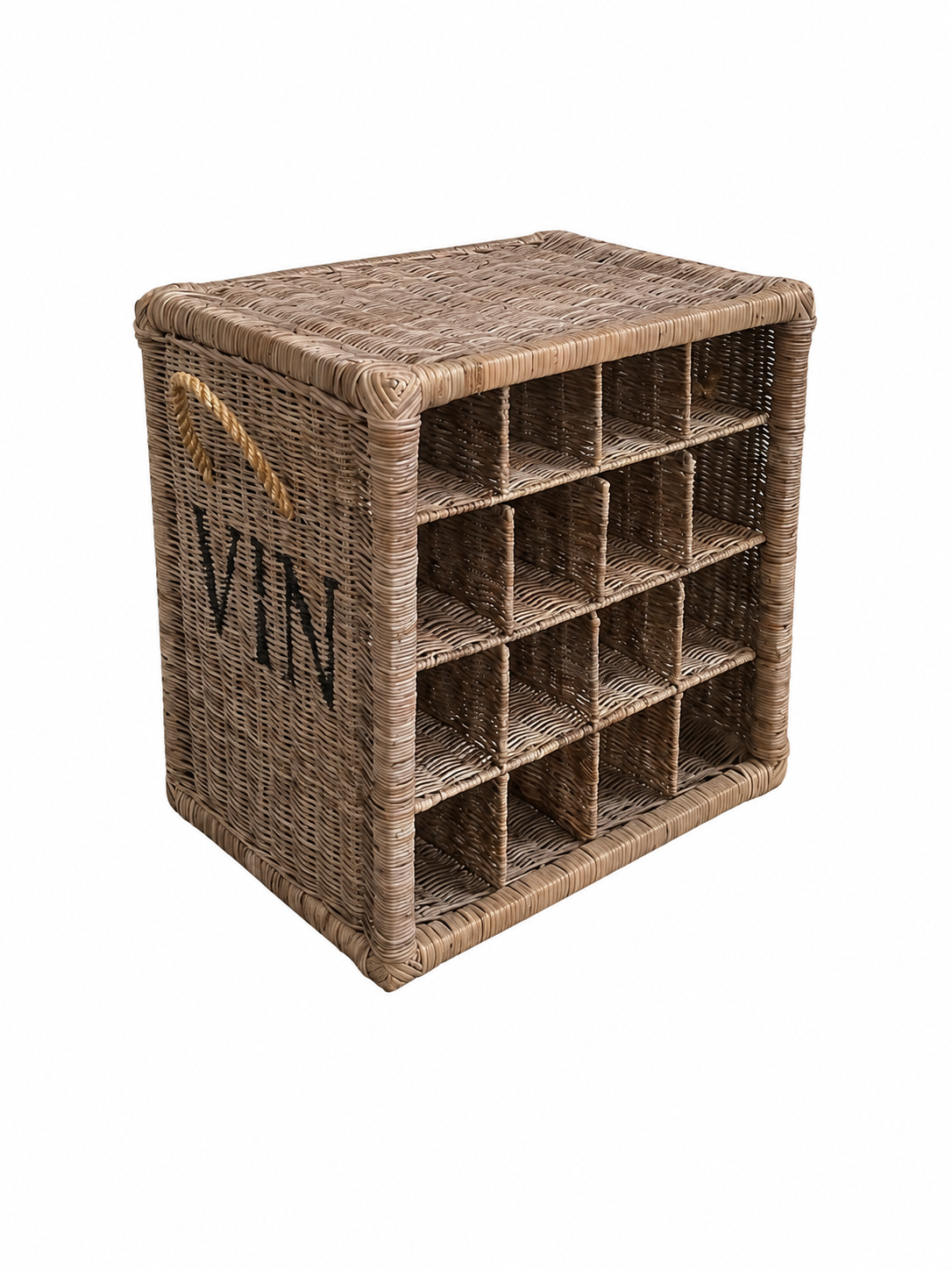 Weinregal aus Rattan mit 16 Fächern und der Aufschrift VIN