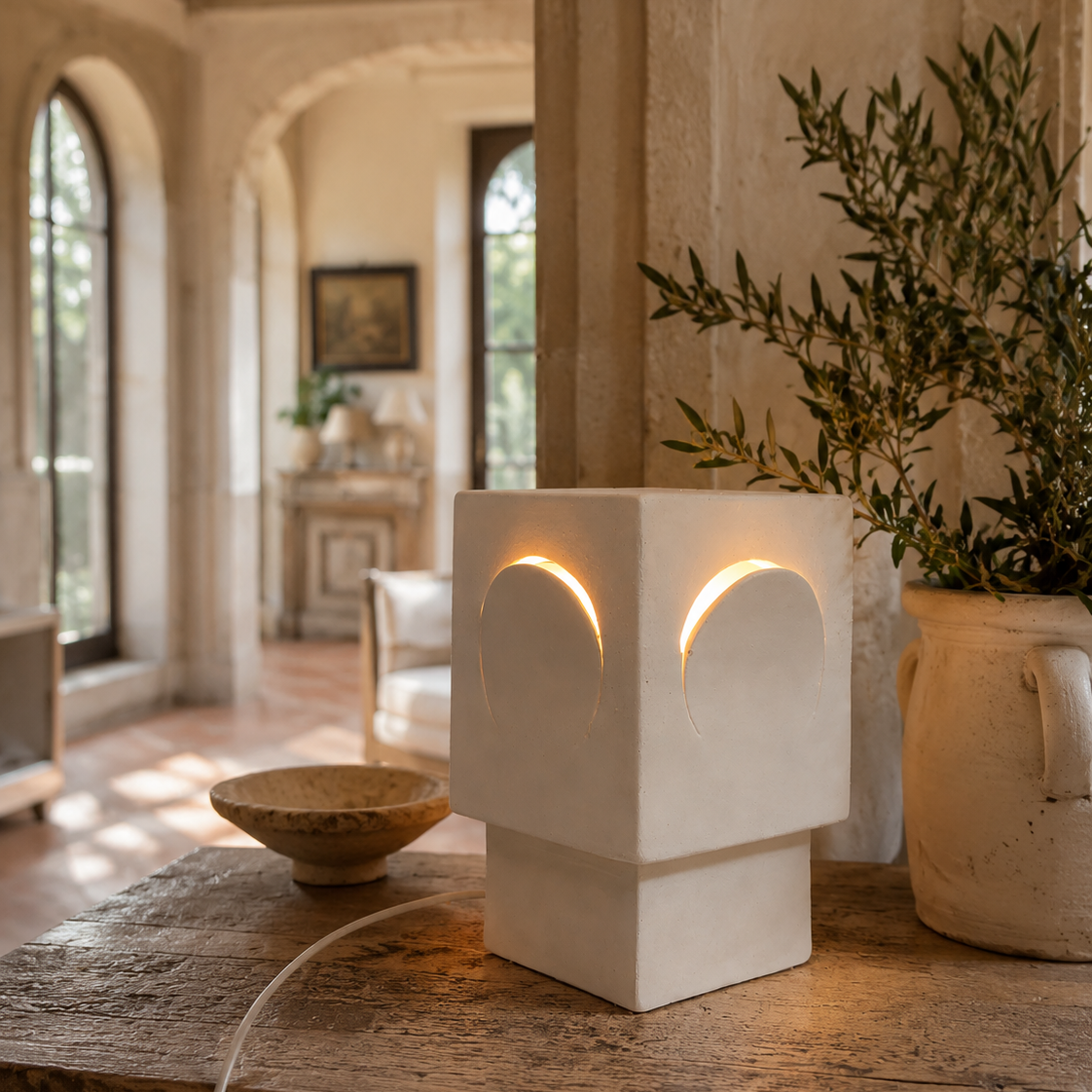 Mediterane quadratische Lampe aus weißem Steingut