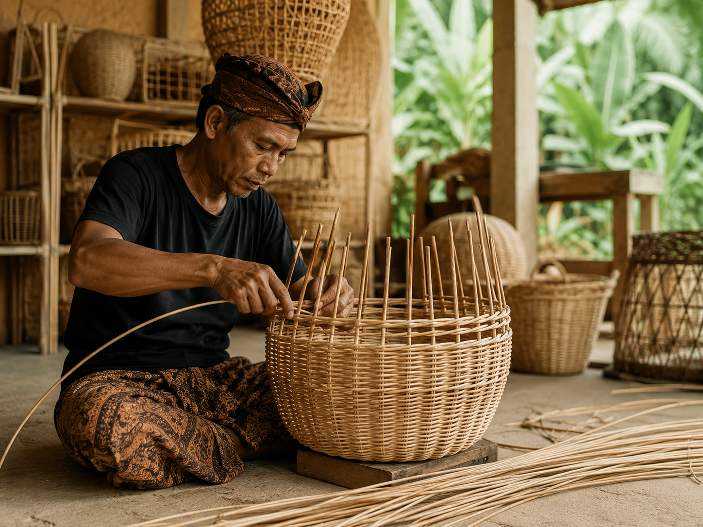 Handwerker in Indonesien flechten einen Rattankorb