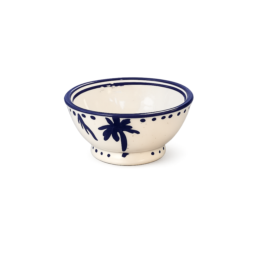 Kleine weiße Minischale mit handbemaltem blauem Palmenprint aus der Dreamer Collection von LUNA AZUL