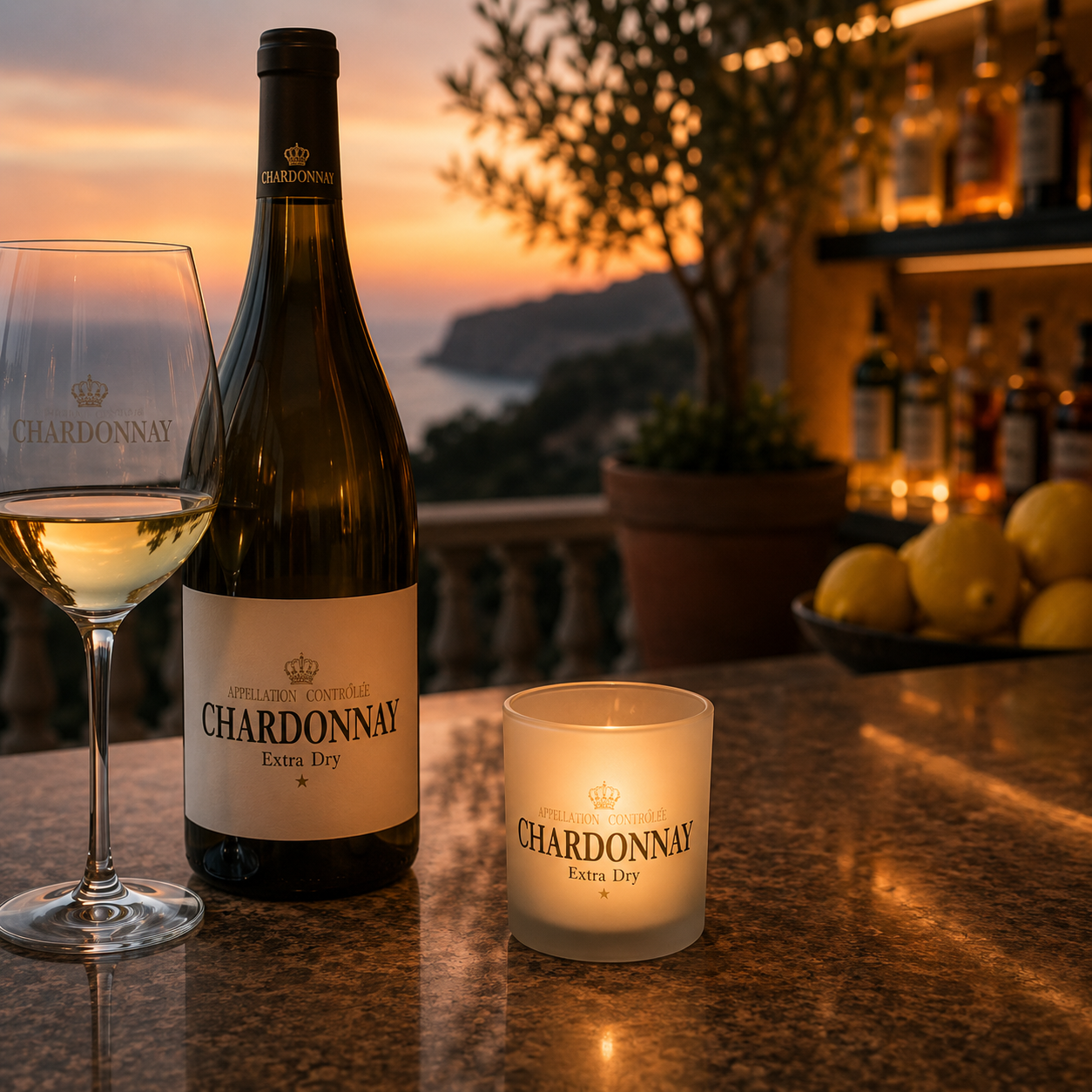 Weißes Teelicht mit Aufschrift CHARDONNAY aus Glas