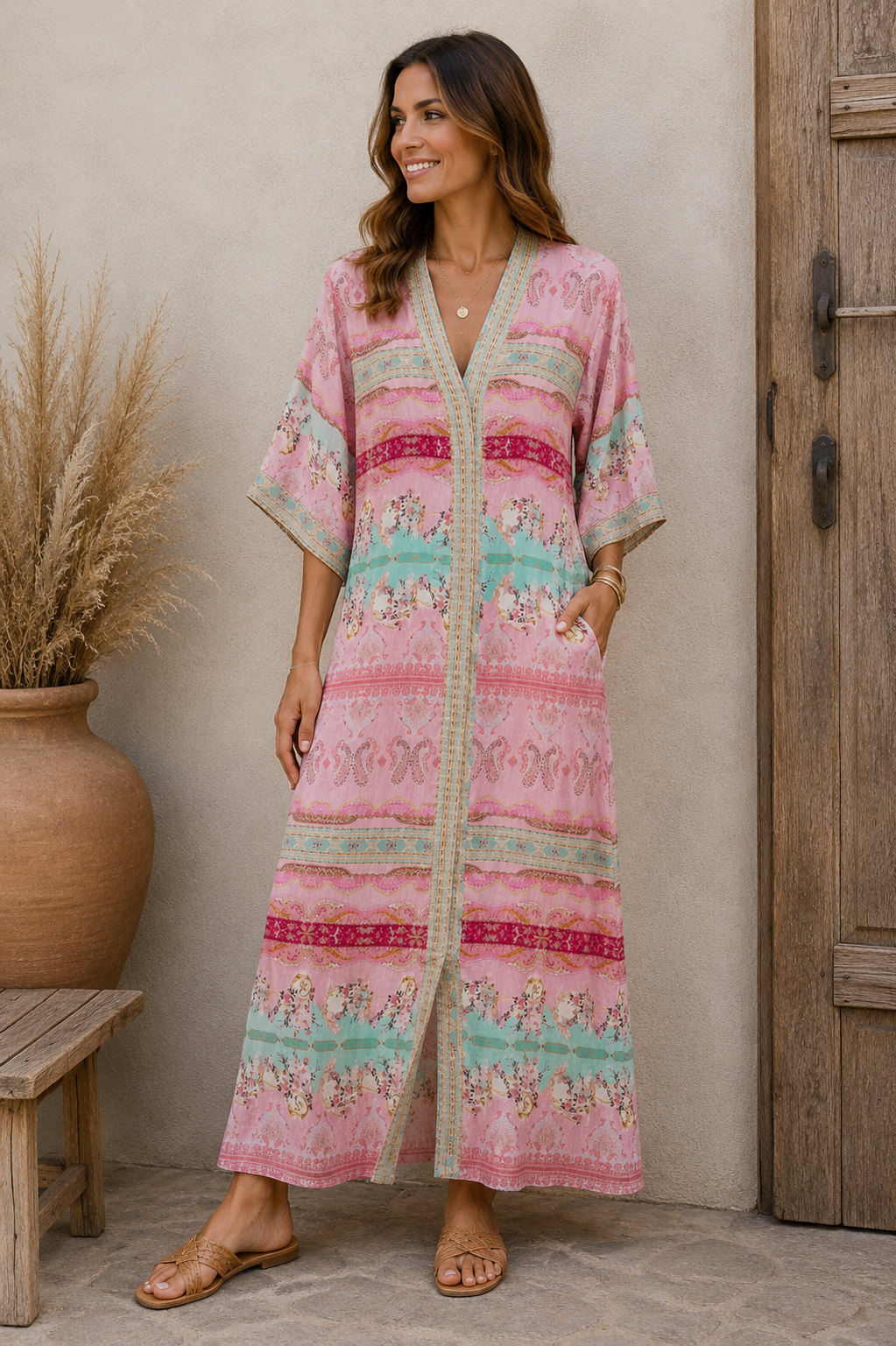 Rosa Kaftan mit mehrfarbigem Print, V-Ausschnitt und weiten 3/4-Ärmeln von Marta du Chateau auf weißem Hintergrund.