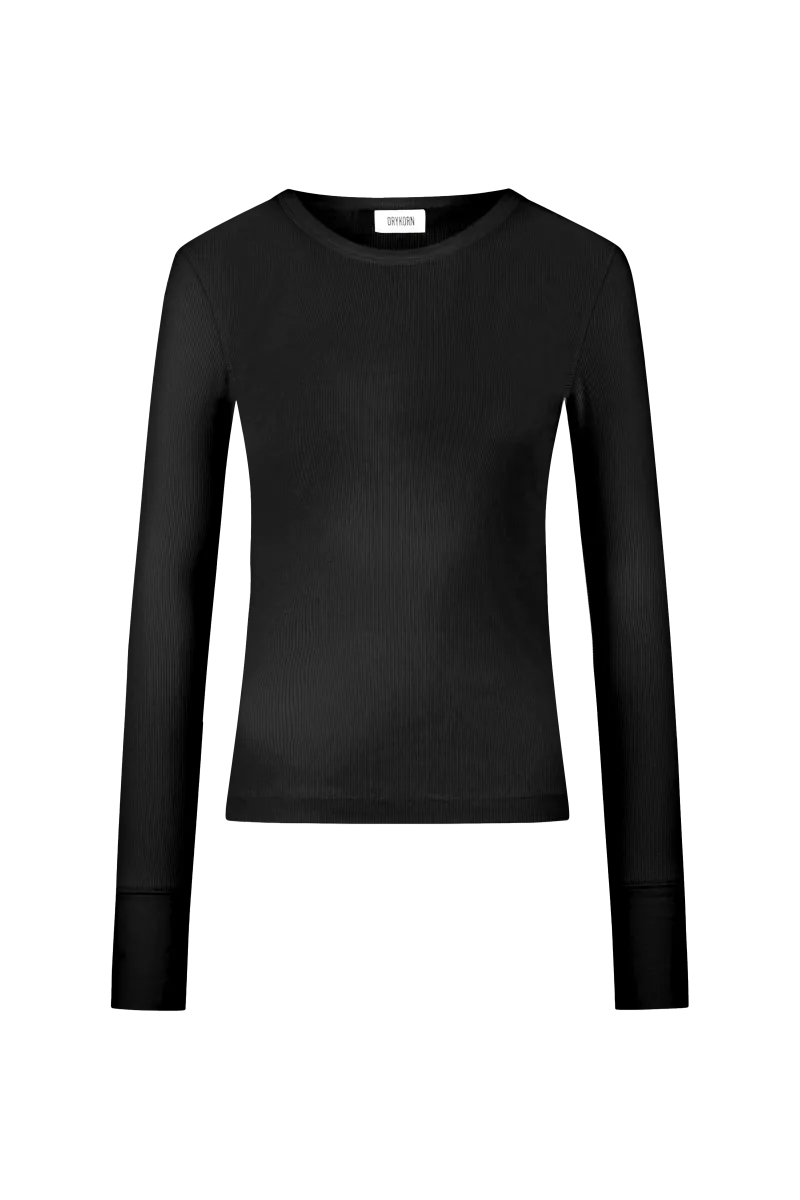 Schwarzes Longsleeve NURIT von Drykorn mit Rundhalsausschnitt und Fein-Ripp.