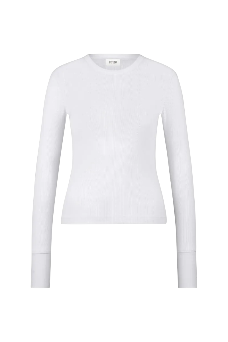 Weißes Longsleeve von Drykorn mit Rundhalsausschnit in Fein-Ripp