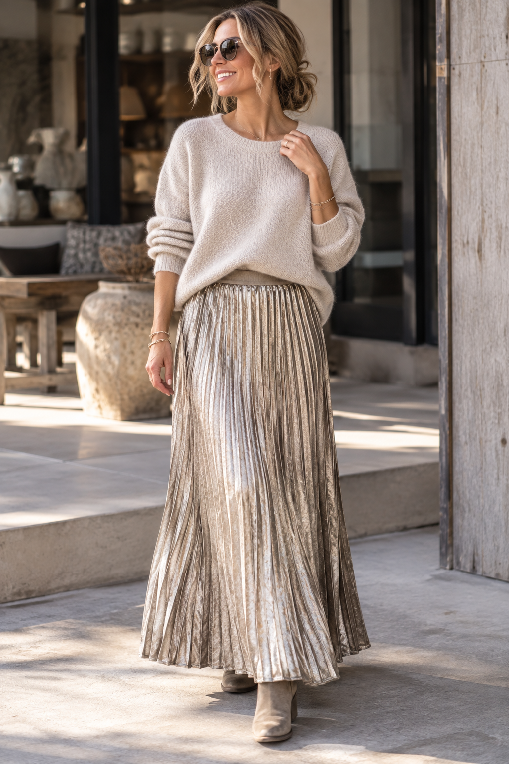 HERRLICHER Ania Skirt langer Plisseerock in Metallic-Optik