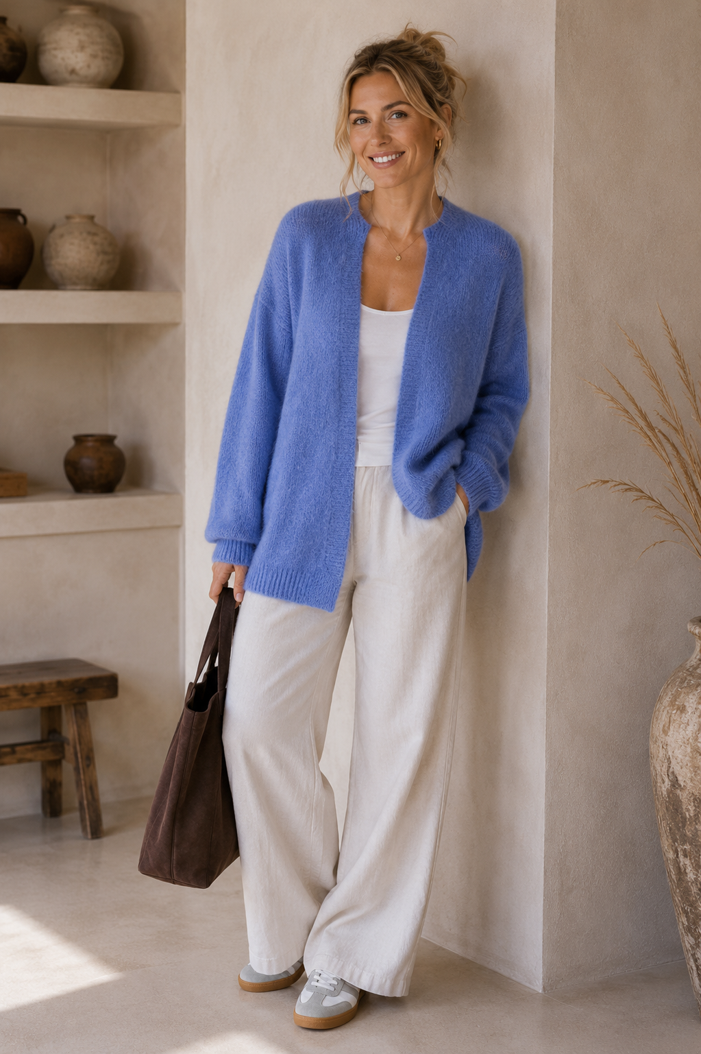 Herrlicher Mira Lea Knit Mohair Mix Cardigan in Blau mit offener Form und lockerem Schnitt