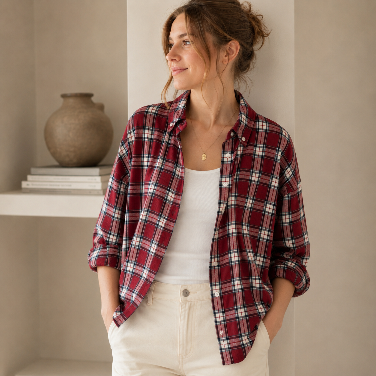 Herrlicher Tila Flannel Checked Karobluse in Bordeaux-Rot mit cremefarbenem Karomuster, offen über einem weißen Top an einem Model getragen.