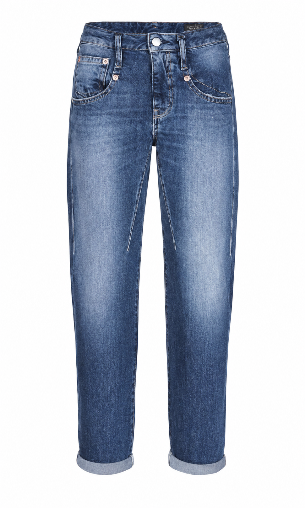 Alt-Text:
HERRLICHER Shyra Tap Zip Denim Boyfriend Damenjeans in mittelblauer Waschung mit knöchellanger Passform und dekorativem Reißverschluss.