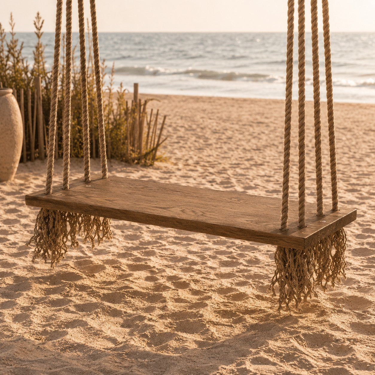Holzschaukel im Bohostyle am Strand