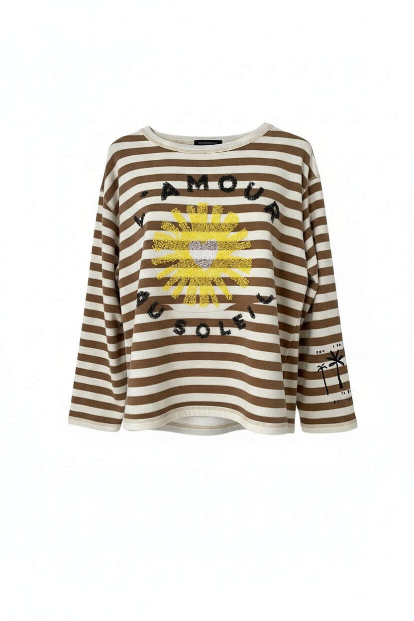 Braun-creme gestreiftes Damen Frotteesweat „L’Amour au Soleil“ von Grace