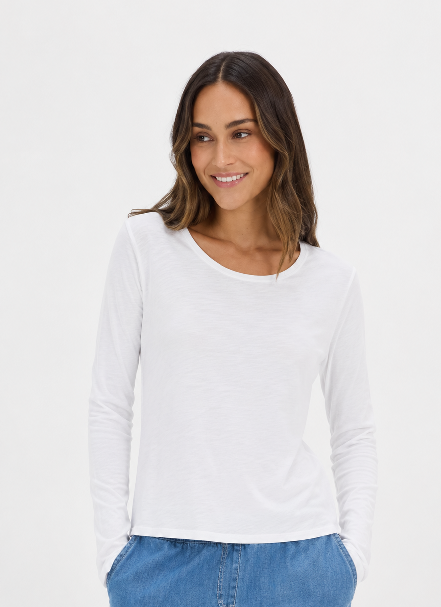 Weißes Damen Longsleeve von Juvia mit Rundhalsausschnitt