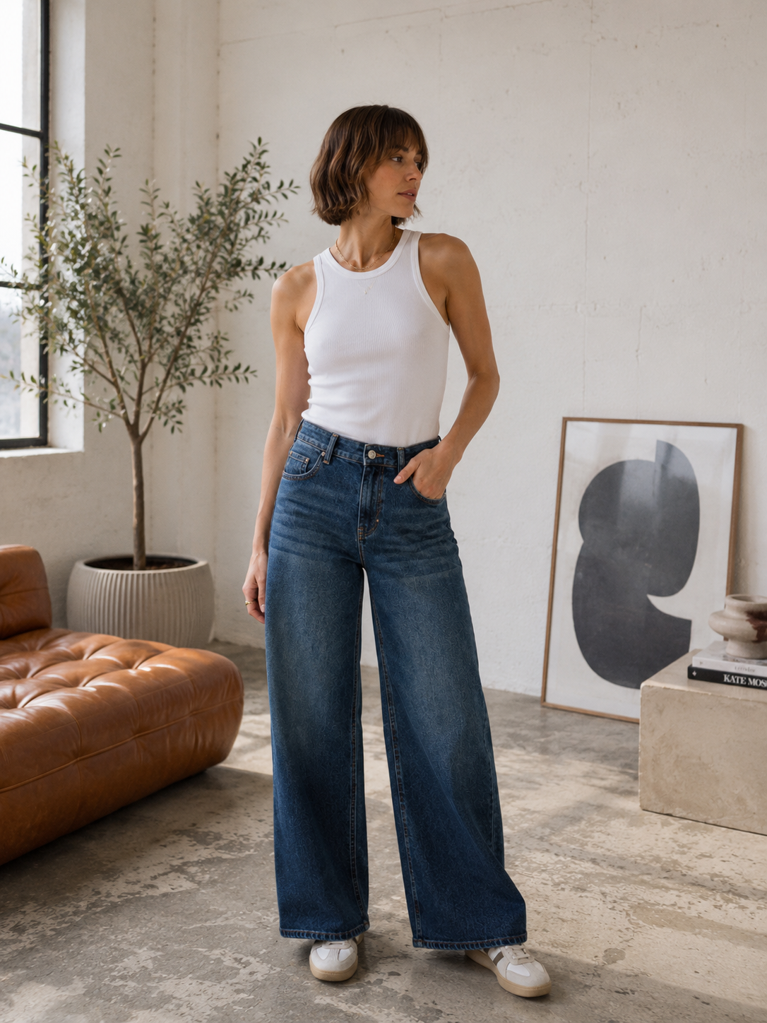 MOS MOSH Norlan Teddy Damenjeans mit hoher Taille und weitem Bein in mittelblauer Denim-Waschung.