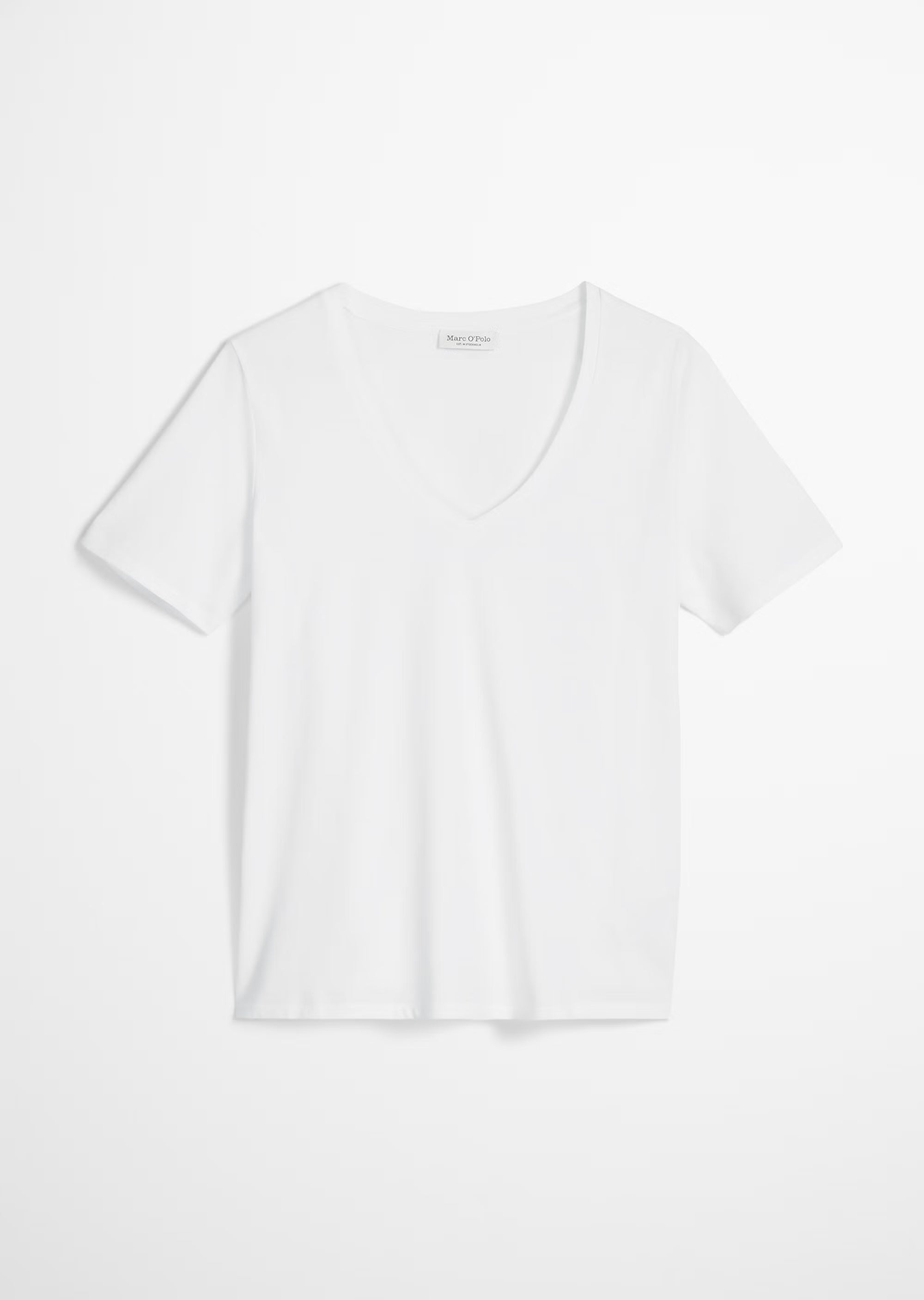 Marc O'Polo Damen T-Shirt in Weiß aus 100 % Bio-Baumwolle mit femininem V-Ausschnitt, kurzen Ärmeln und lockerem Regular Fit.