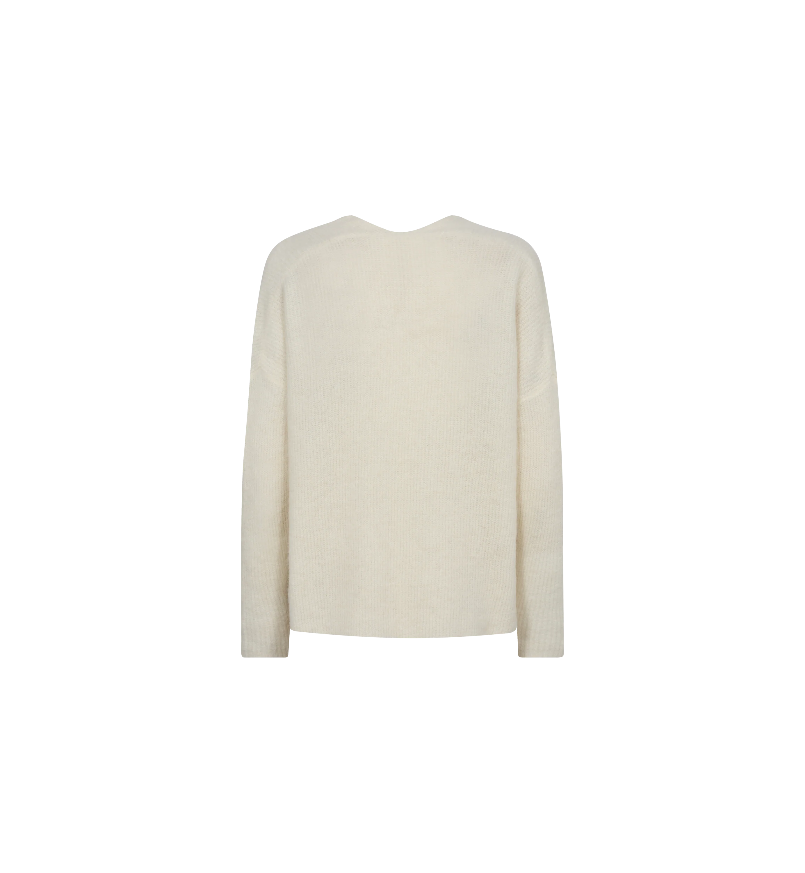 Model trägt Mos Mosh Pullover THORA in ecru aus weichem Alpaka-Wollmix mit V-Ausschnitt und lockerer Passform.