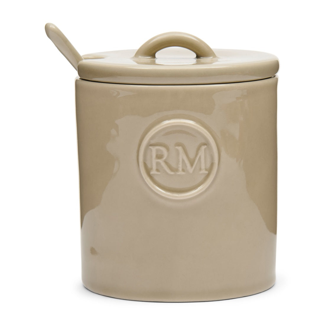 Riviera Maison Portofino Sugar Jar With Spoon aus Steingut in der Farbe Flax mit passendem Löffel.
