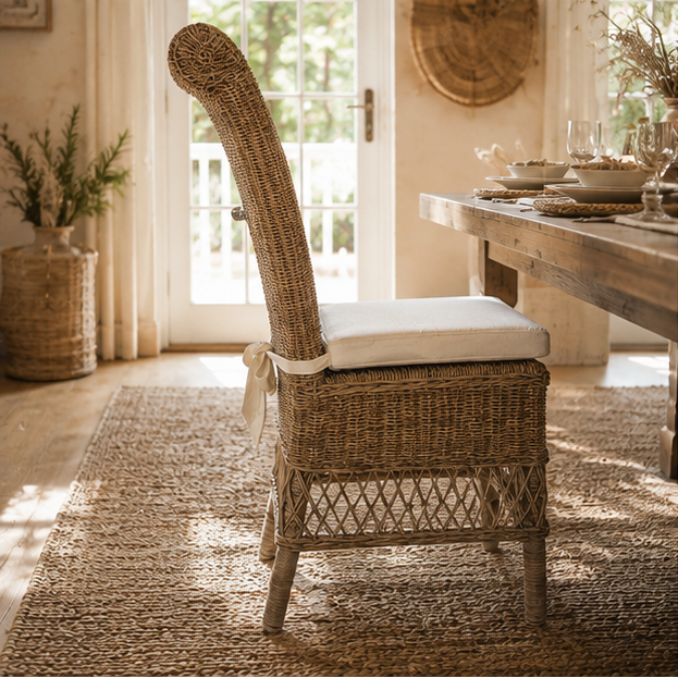 Rattan Dining Chair von STRANDGUT mit hoher geflochtener Rückenlehne und hellem Sitzkissen in Natur
