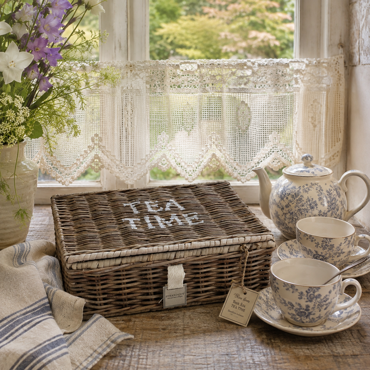 Handgefertigte Rattan Tea Box TEA TIME aus natürlichem Rattan mit neun Fächern für Teebeutel.