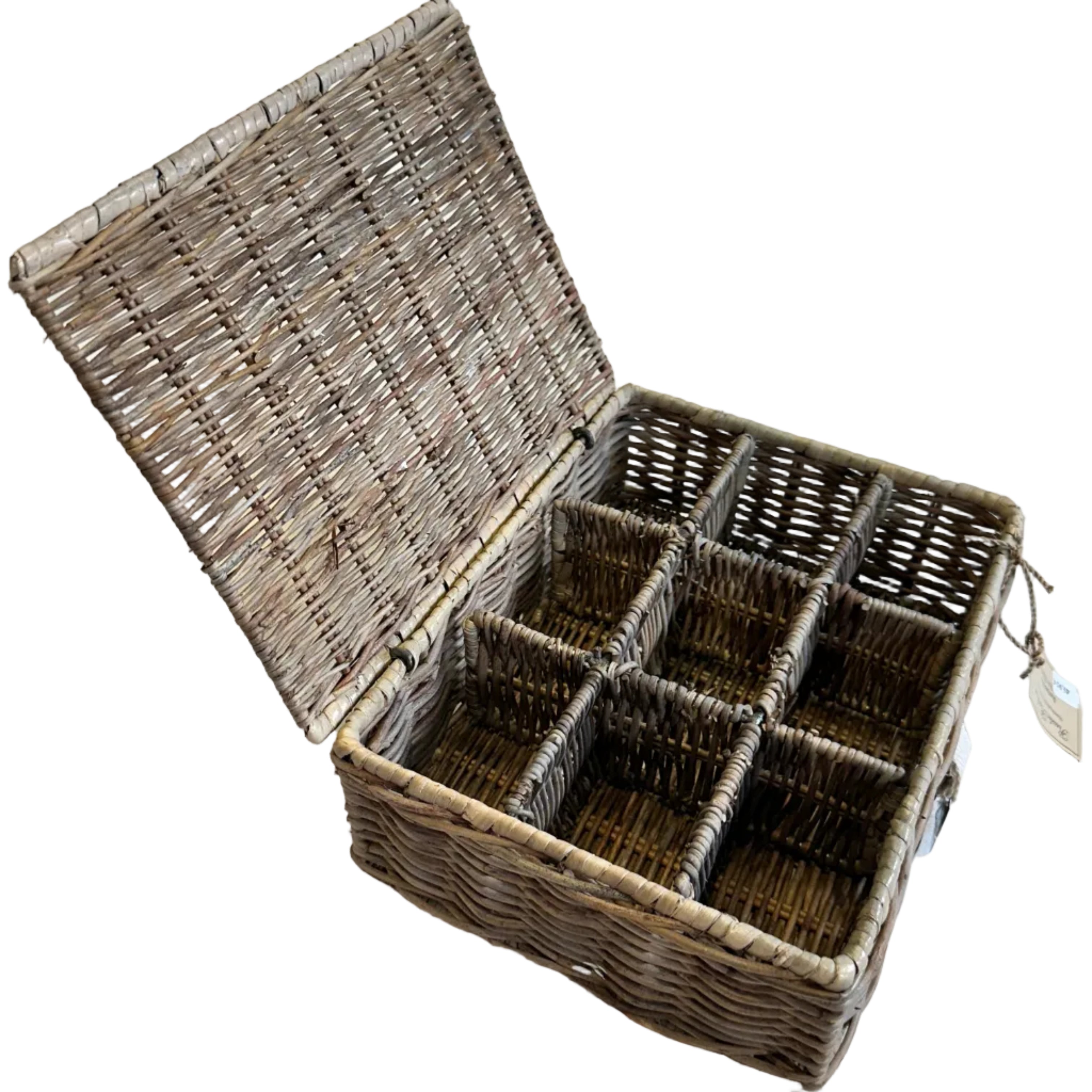 Handgefertigte Rattan Tea Box TEA TIME aus natürlichem Rattan mit neun Fächern für Teebeutel.