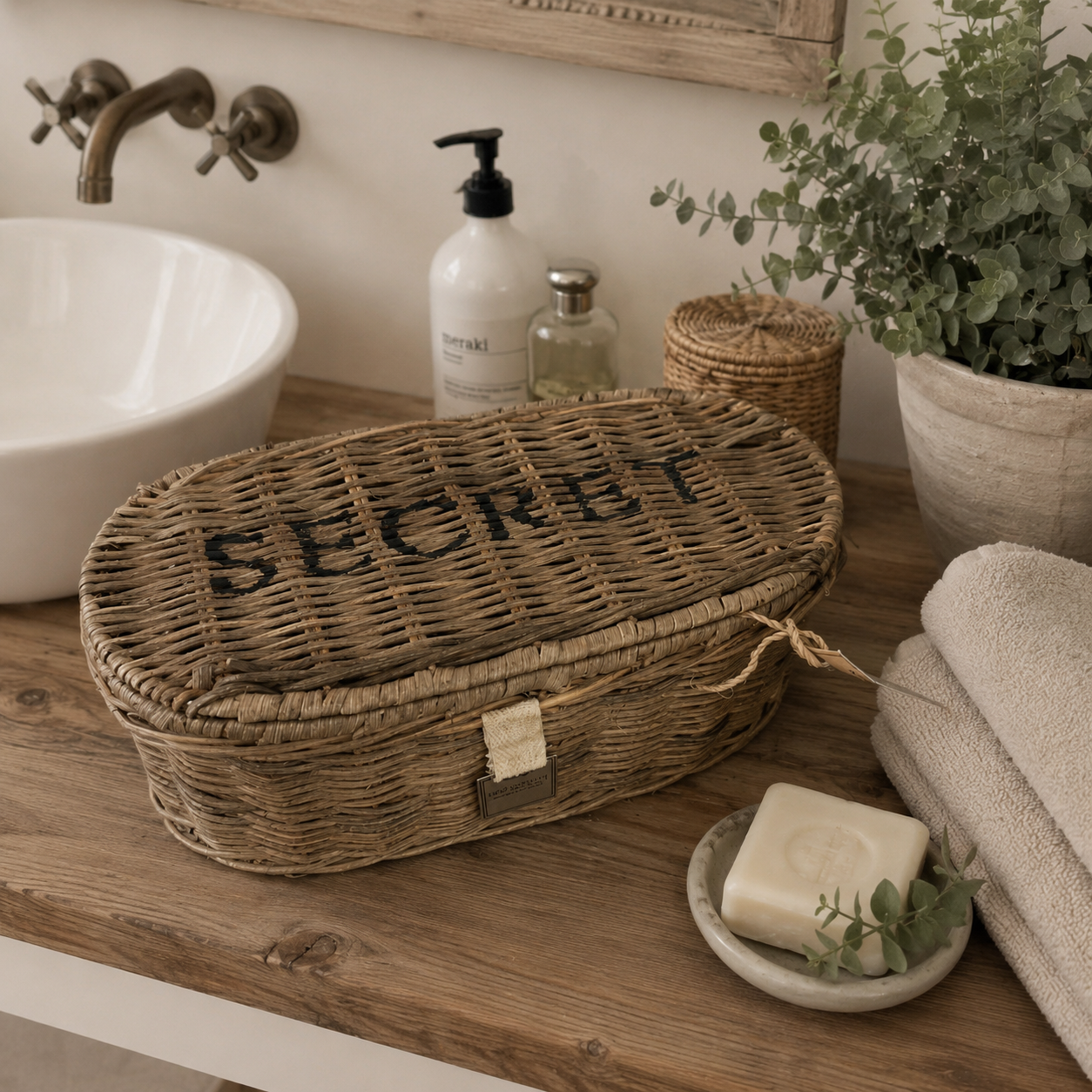 Rattankorb mit der Deckel und Aufschrift SECRET