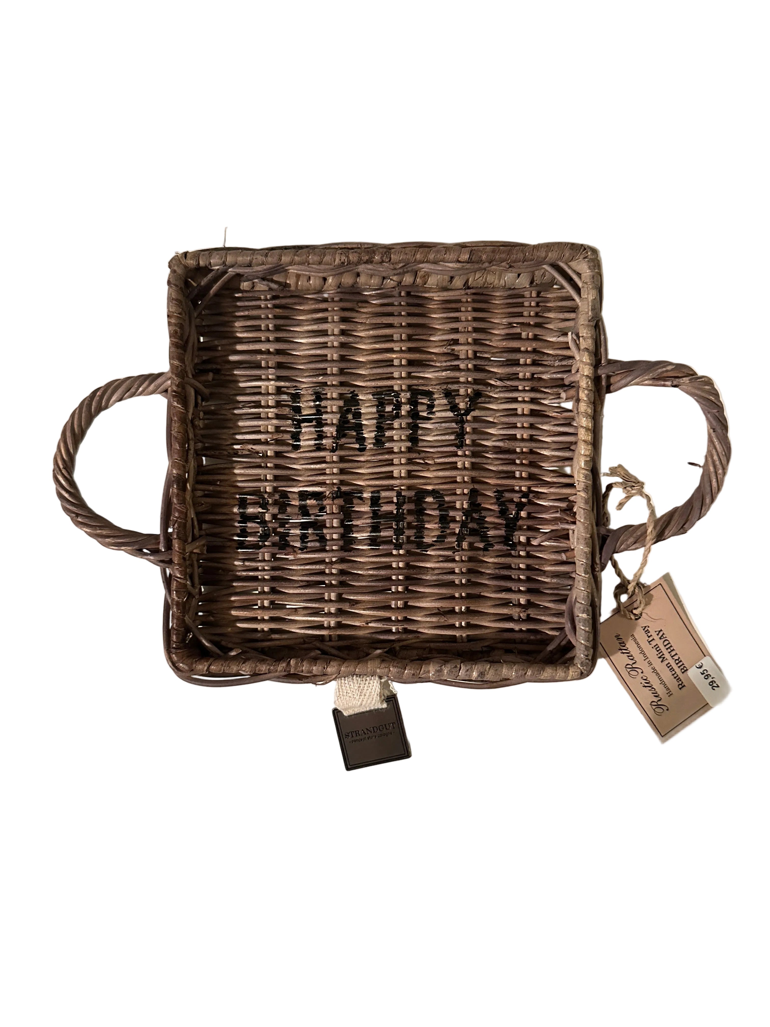 Kleines rechteckiges Rattantablett mit 2 Griffen und der Aufschrift HAPPY BIRTHDAY von STRANDGUT