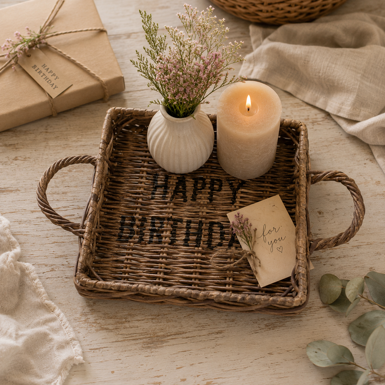 Kleines rechteckiges Rattantablett mit 2 Griffen und der Aufschrift HAPPY BIRTHDAY von STRANDGUT