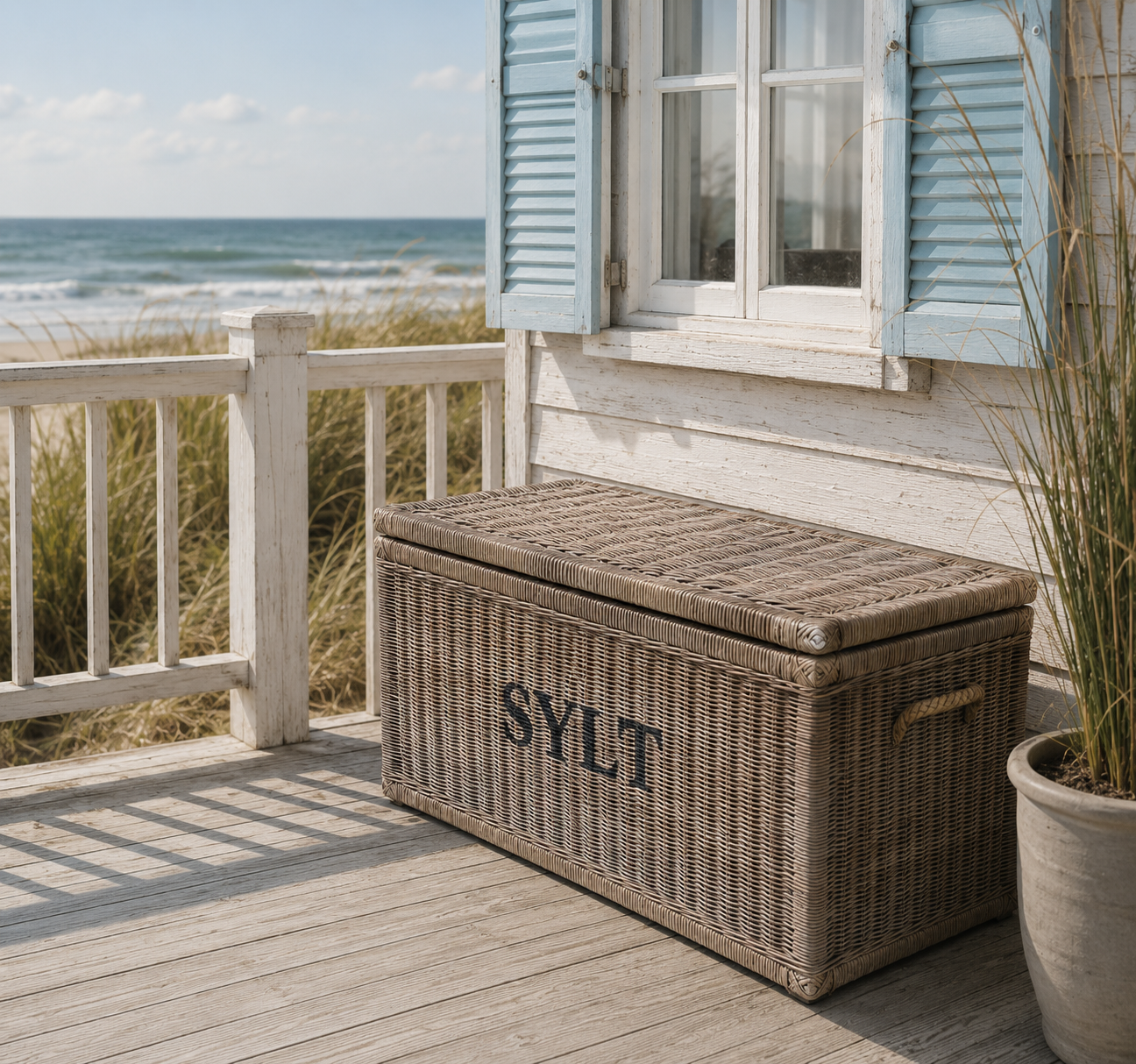 Rattantruhe 90x40x45cm mit schwarzer Aufschrift SYLT auf Veranda vor Strandhaus
