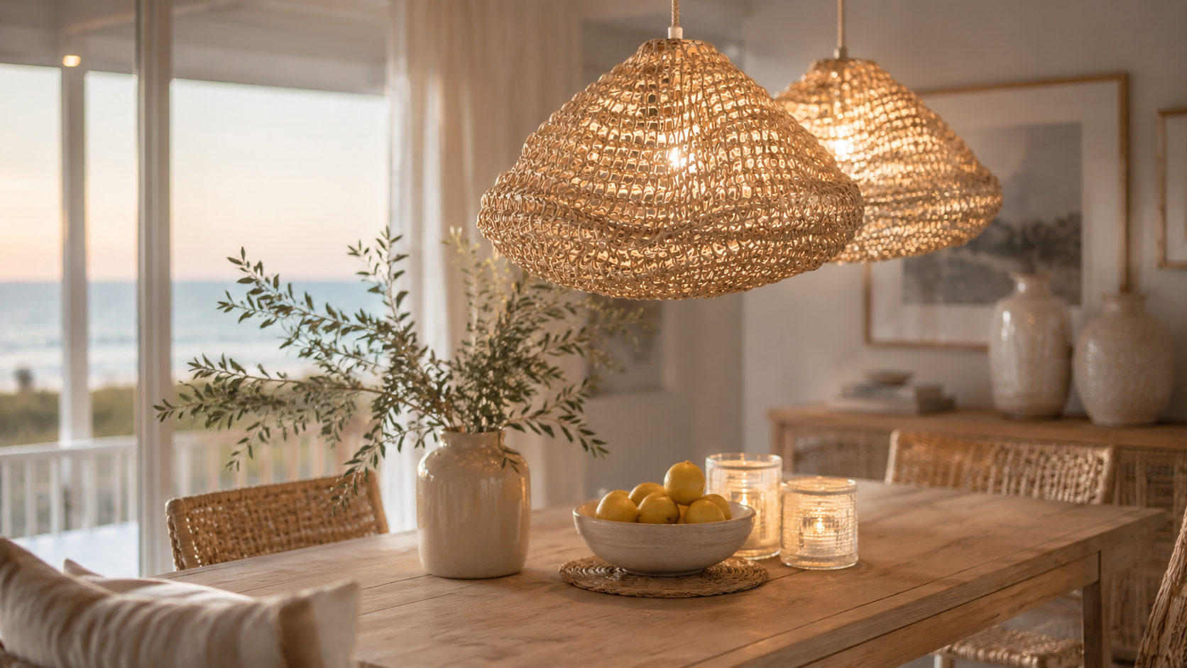 Wunderschöne Hängelampen von Riviera Maison in einem Strandhaus