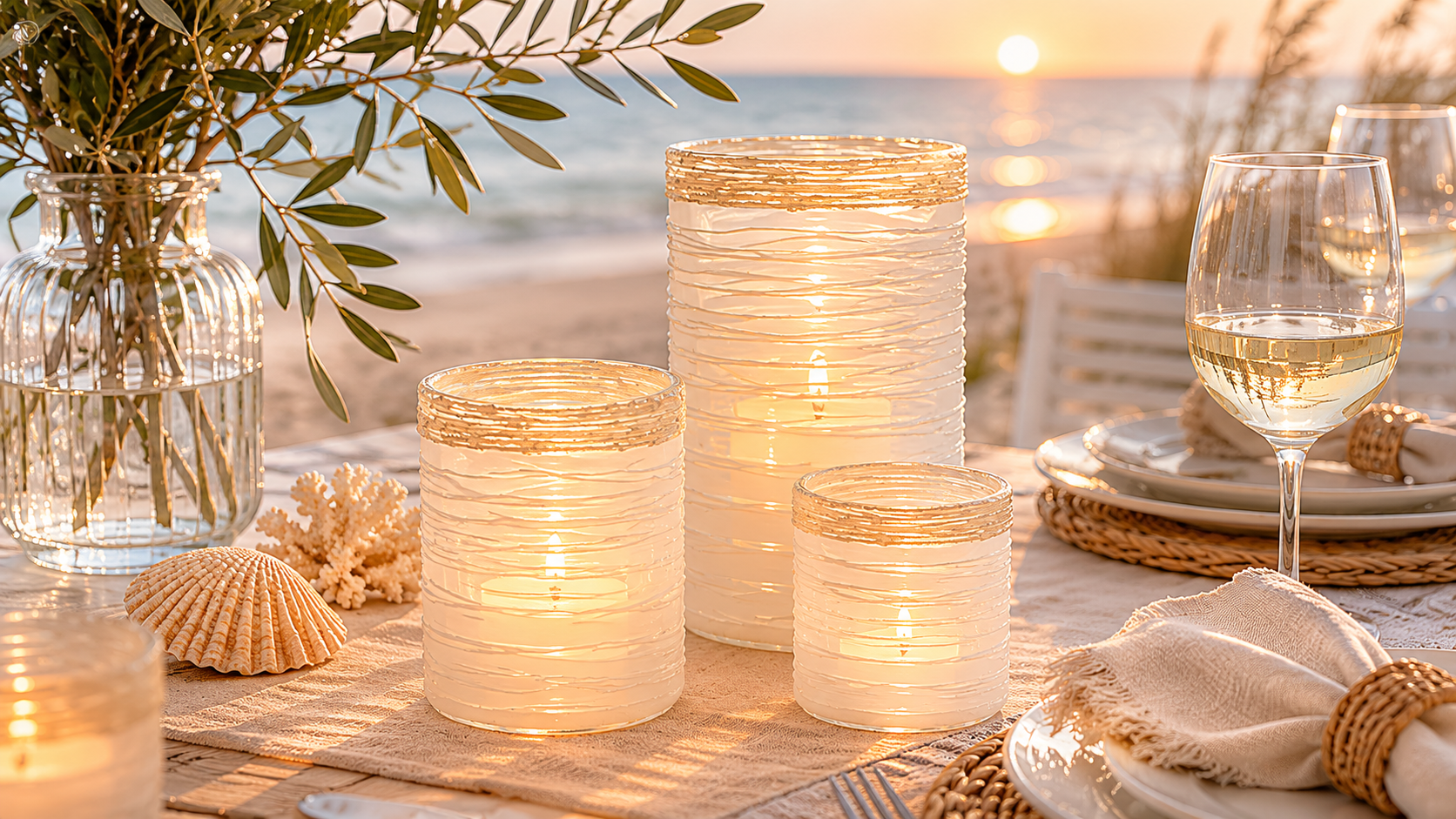 Windlichter Boheme Voitve auf gedecktem Tisch am Strand beim Sonnenuntergang von Riviera Maison