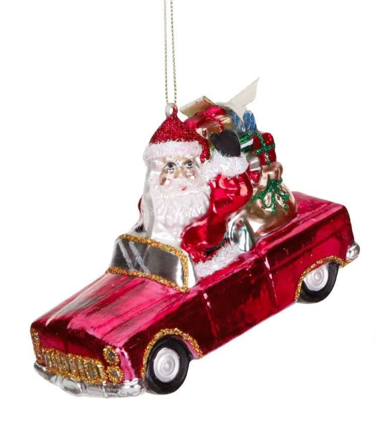 Glasanhänger Santa Auto Rot 11 cm