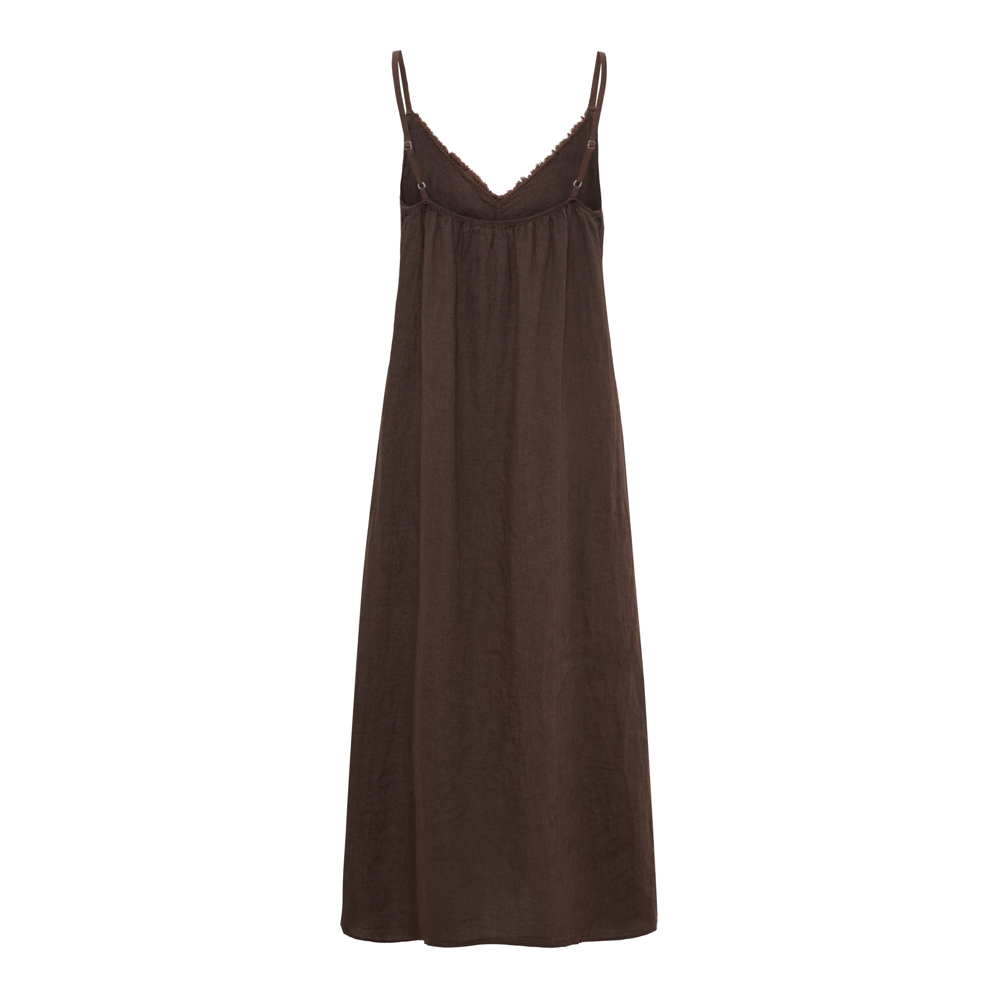 Braunes Maxikleid mit Spaghettiträgern und dekorativer Rüschennaht vorne von Marta du Chateau auf weißem Hintergrund.