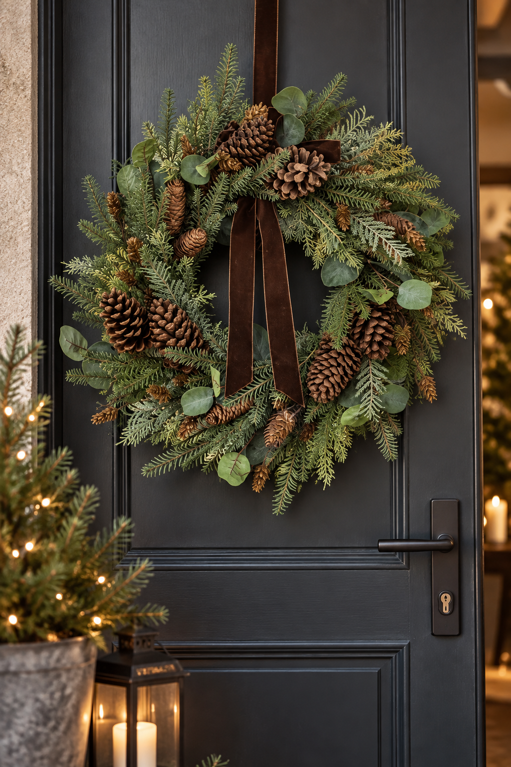 Weihnachtskranz von Emerald mit Tannengrün, Zapfen, Eukalyptus und brauner Samtschleife