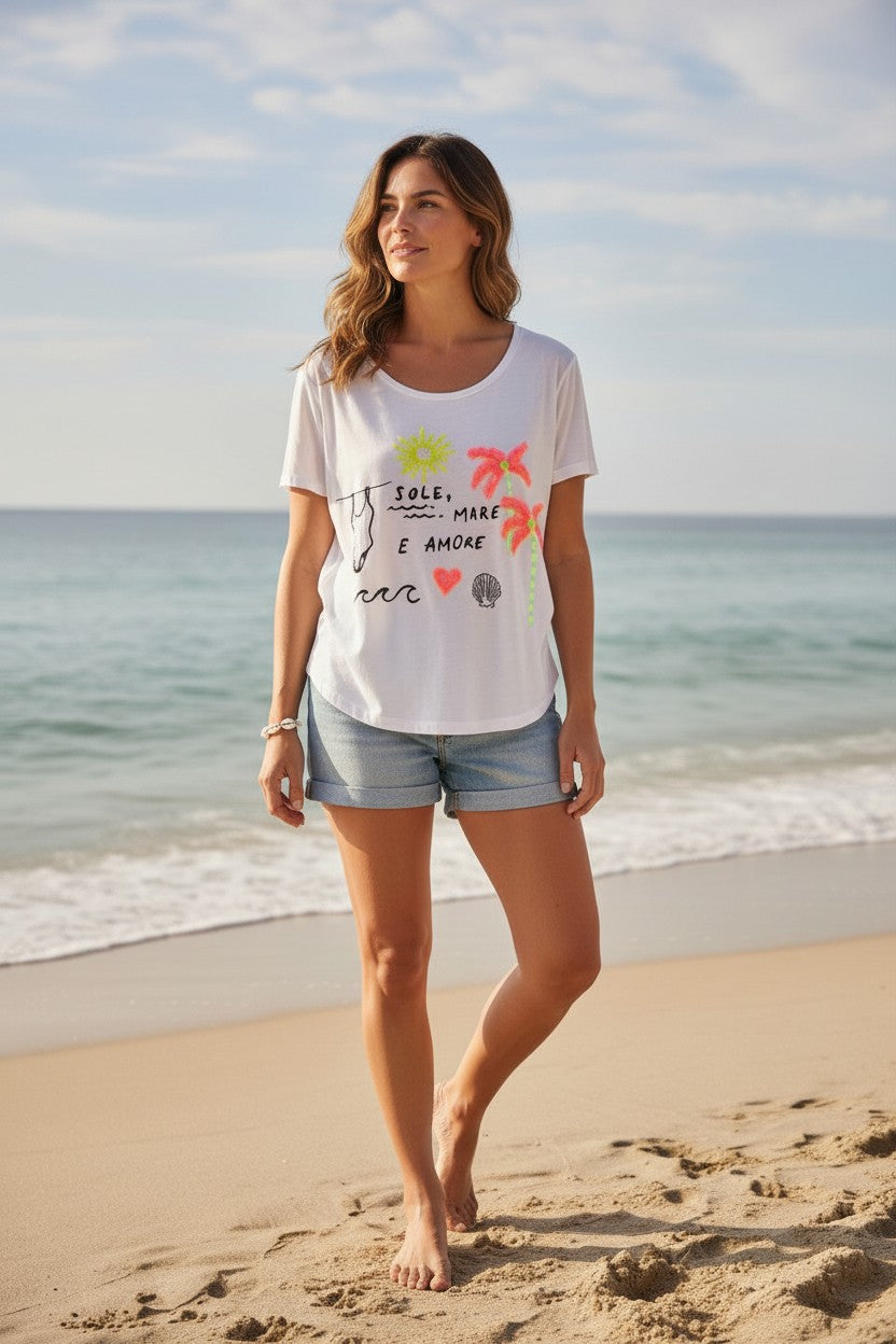 Damen T-Shirt „Sole, Mare e Amore“ weiß von Grace