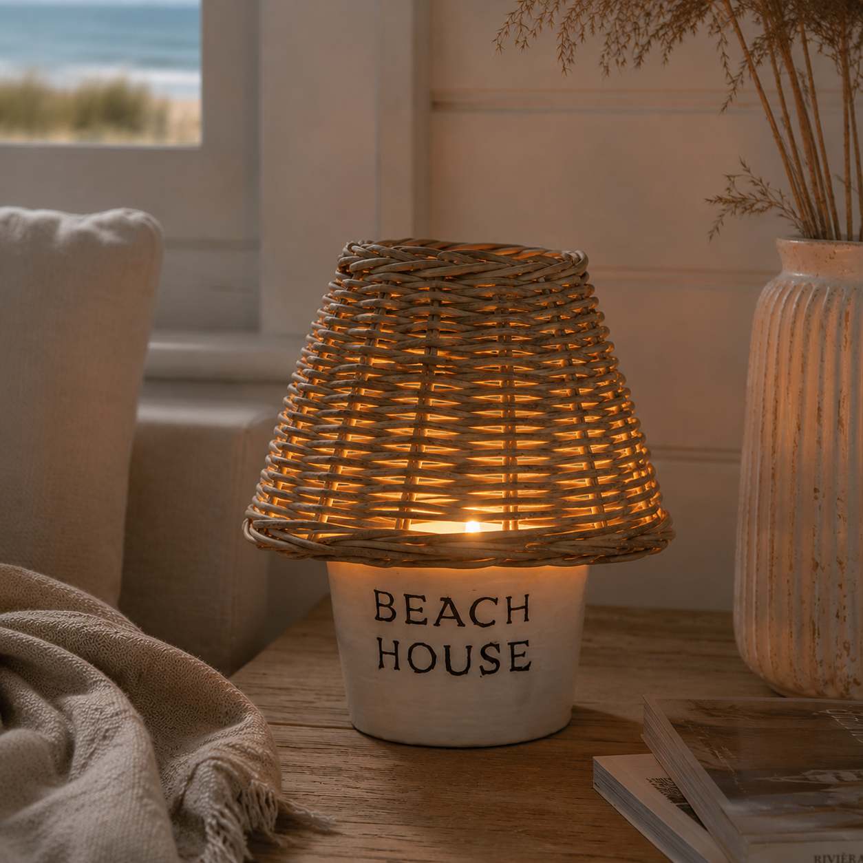 Weißes Windlicht aus Ton mit Rattandach und Aufschrift BEACH HOUSE von STRANDGUT