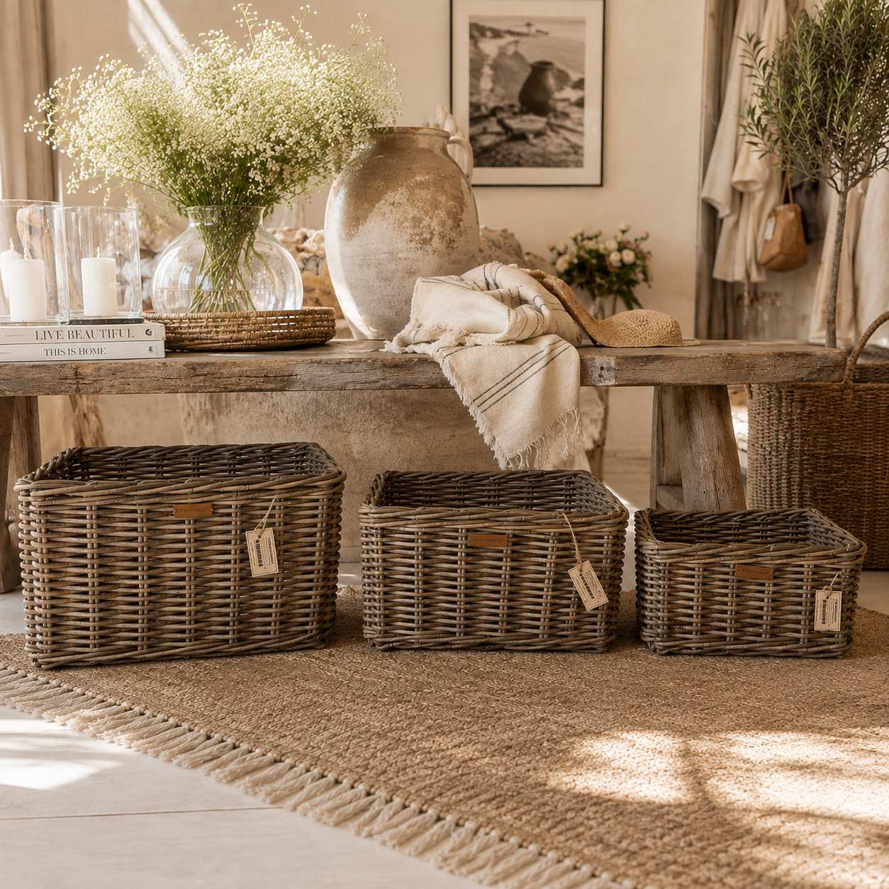 Handgeflochtener Rattan Basket Square in Natur Grau-Braun – dekorativer Aufbewahrungskorb in drei Größen