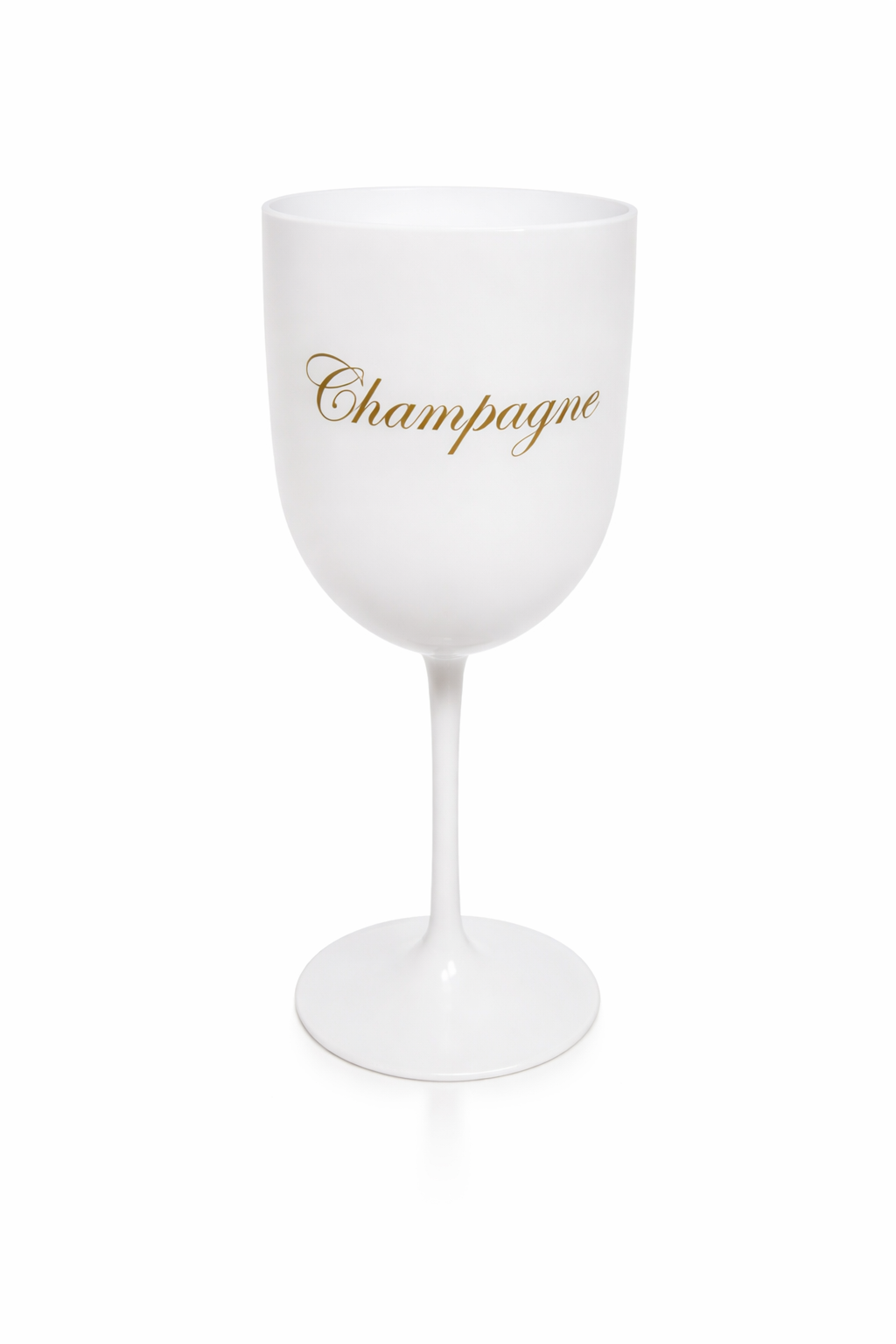 Weisses Kunsstoffglas mit goldener Aufschrift "Champagne"