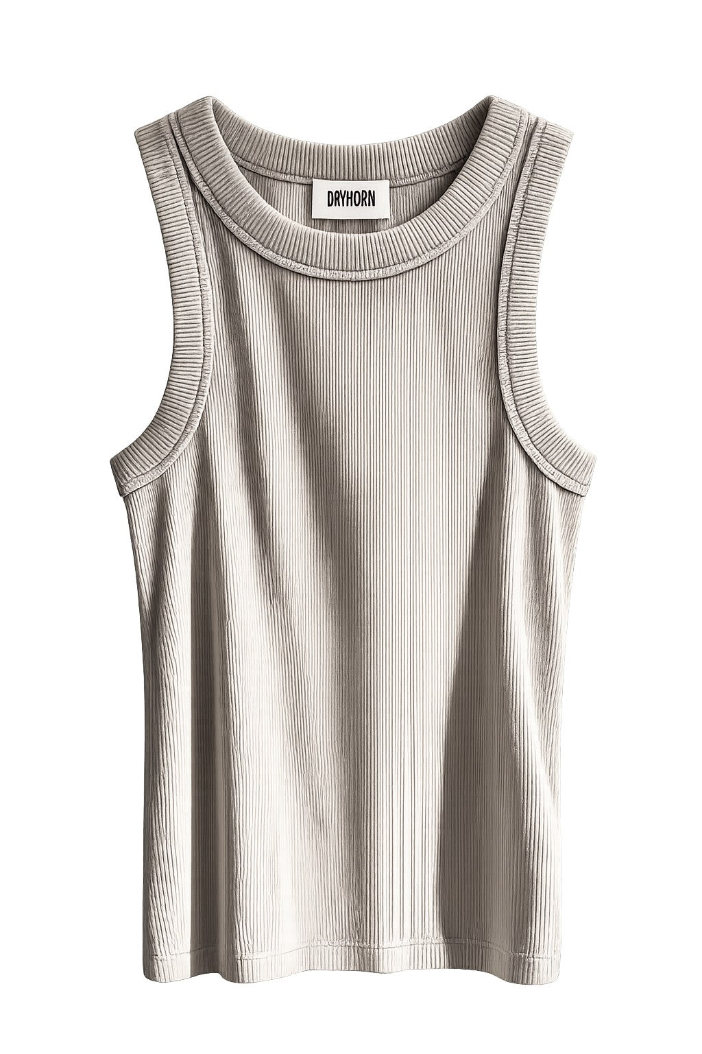 DRYKORN OLINA Tanktop in Hellgrau aus 100 % Baumwolle mit feiner Rippenstruktur, Rundhalsausschnitt und schmalen Trägern. Figurbetontes Damen-Top mit charakteristischer Used-Waschung und hellen Farbnuancen.