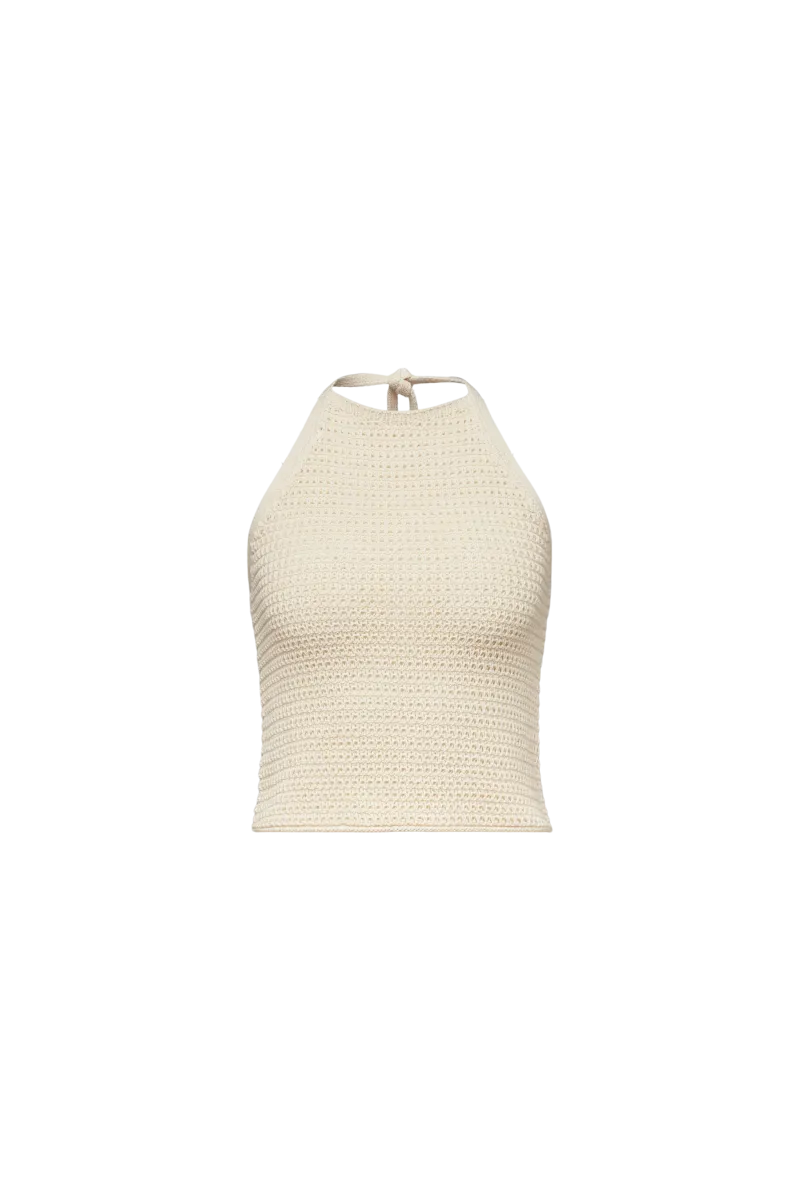 DRYKORN AKWY Neckholder-Stricktop aus Baumwolle mit markanter Strickstruktur, ärmellosem Schnitt und moderner Cropped-Länge.