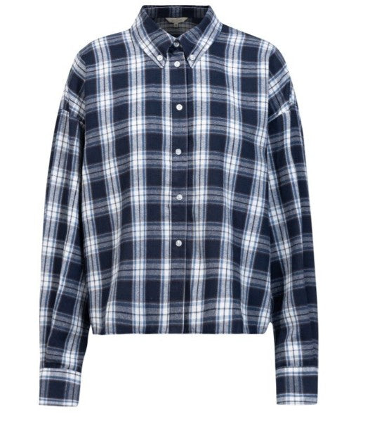 Tila Flannel Checked Damenhemdbluse aus weichem Flanell mit dunkelblau-weißem Karomuster und Button-Down-Kragen.