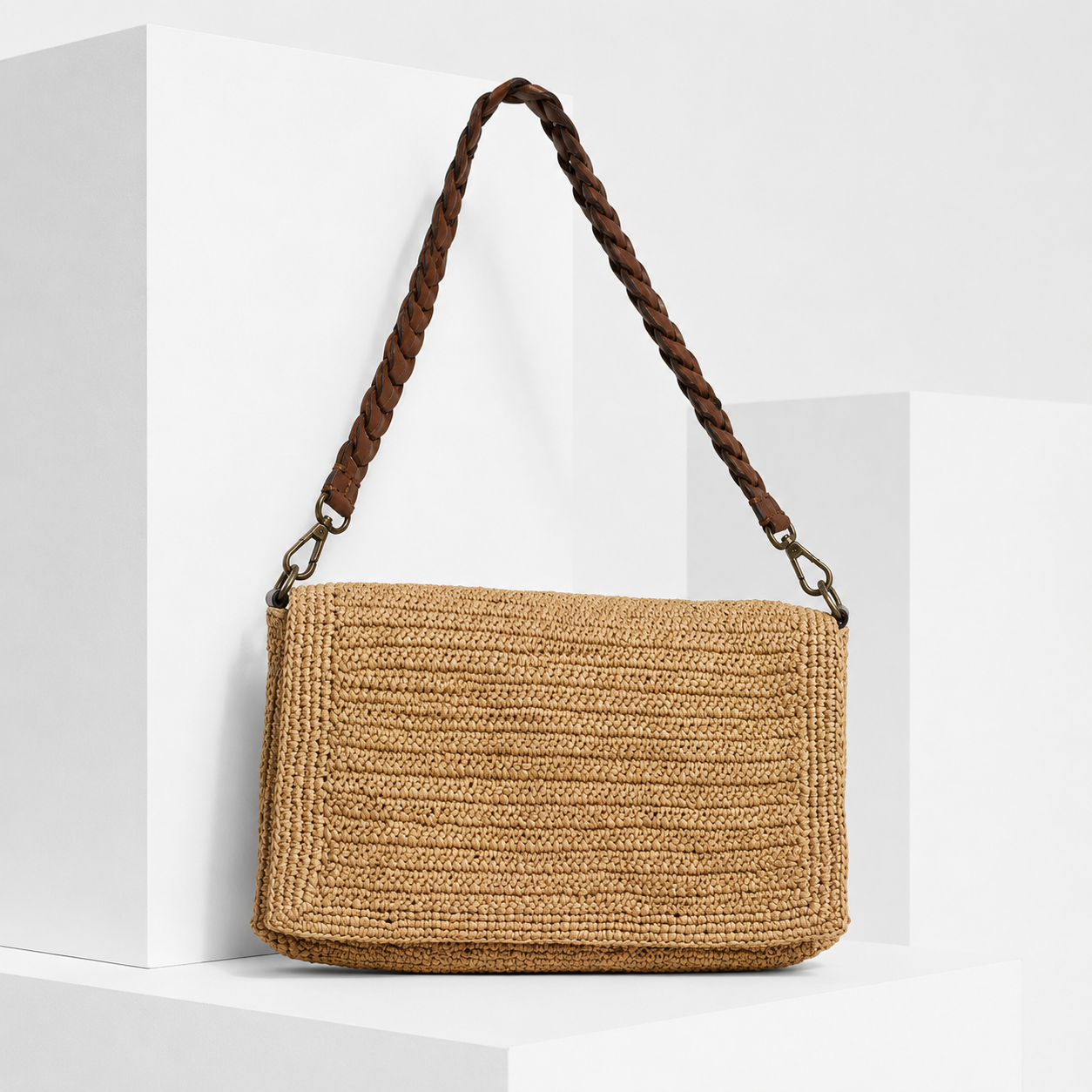 IBELIV ASA Tea Schultertasche aus handgefertigtem Raffia mit geflochtenem Leder-Schulterriemen