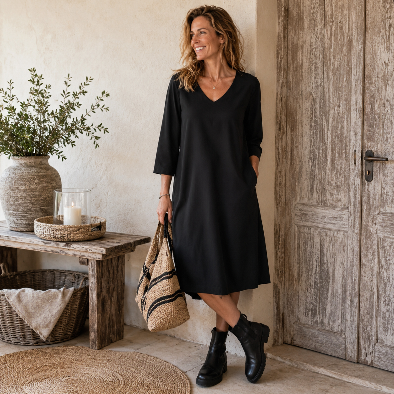 Das JAPAN TKY Kleid Zeya in Deep Black begeistert mit lockerem Schnitt, V-Ausschnitt und 3/4-Ärmeln. Lässig, feminin und wunderbar vielseitig.