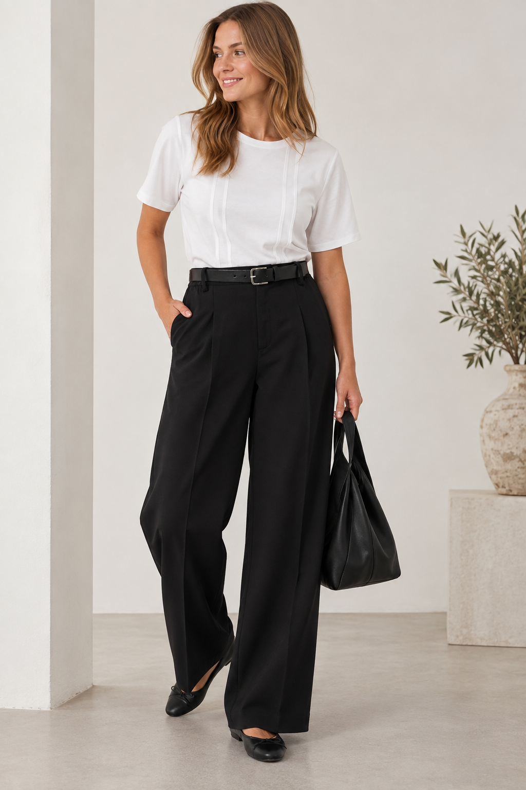Kaffe Wide Leg Hose in Black Deep mit weitem Bein und hoher Taille