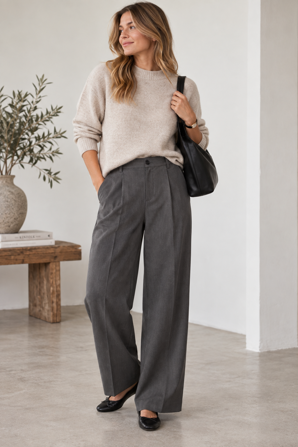 Kaffe Wide Leg Hose in Dark Grey Melange mit weitem Bein und Bundfalten