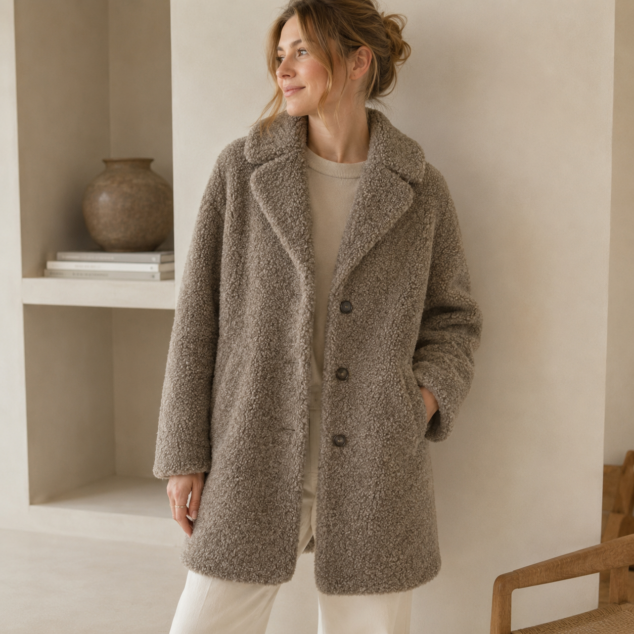 Marc O'Polo Teddy Kurzmantel in Taupe mit Reverskragen und Knopfleiste an einem Model getragen.