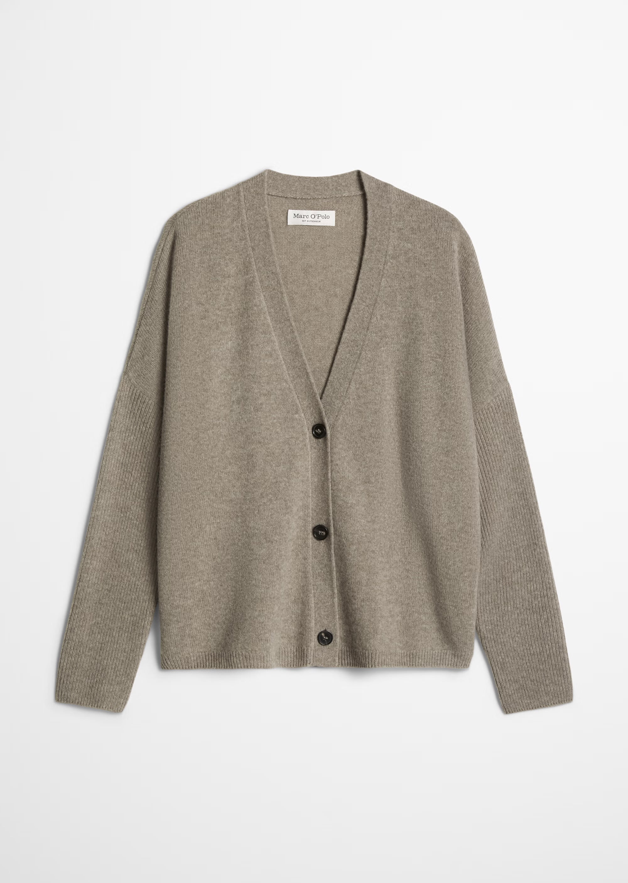MARC O’POLO Oversize Cardigan aus flauschiger Lambswool in Taupe mit V-Ausschnitt und Knopfleiste.