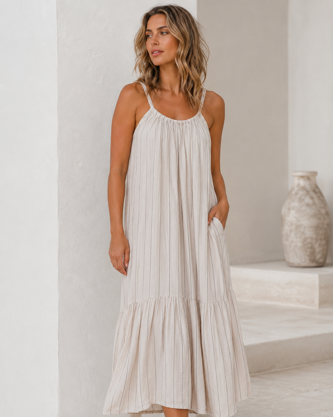 Luftiges Maxikleid von Marta du Château in Sabbia Stripe mit feinen Streifen, schmalen Trägern und fließendem Rock in sandfarbener Optik.